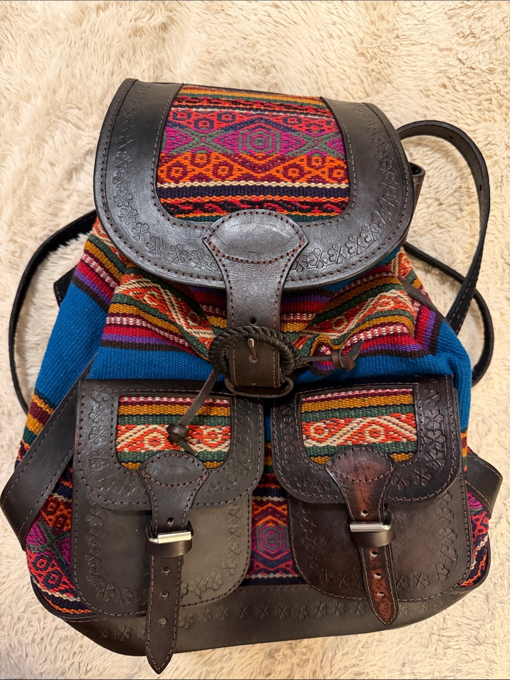 Handwoven Multicolor Leather-Trim Backpack - Women